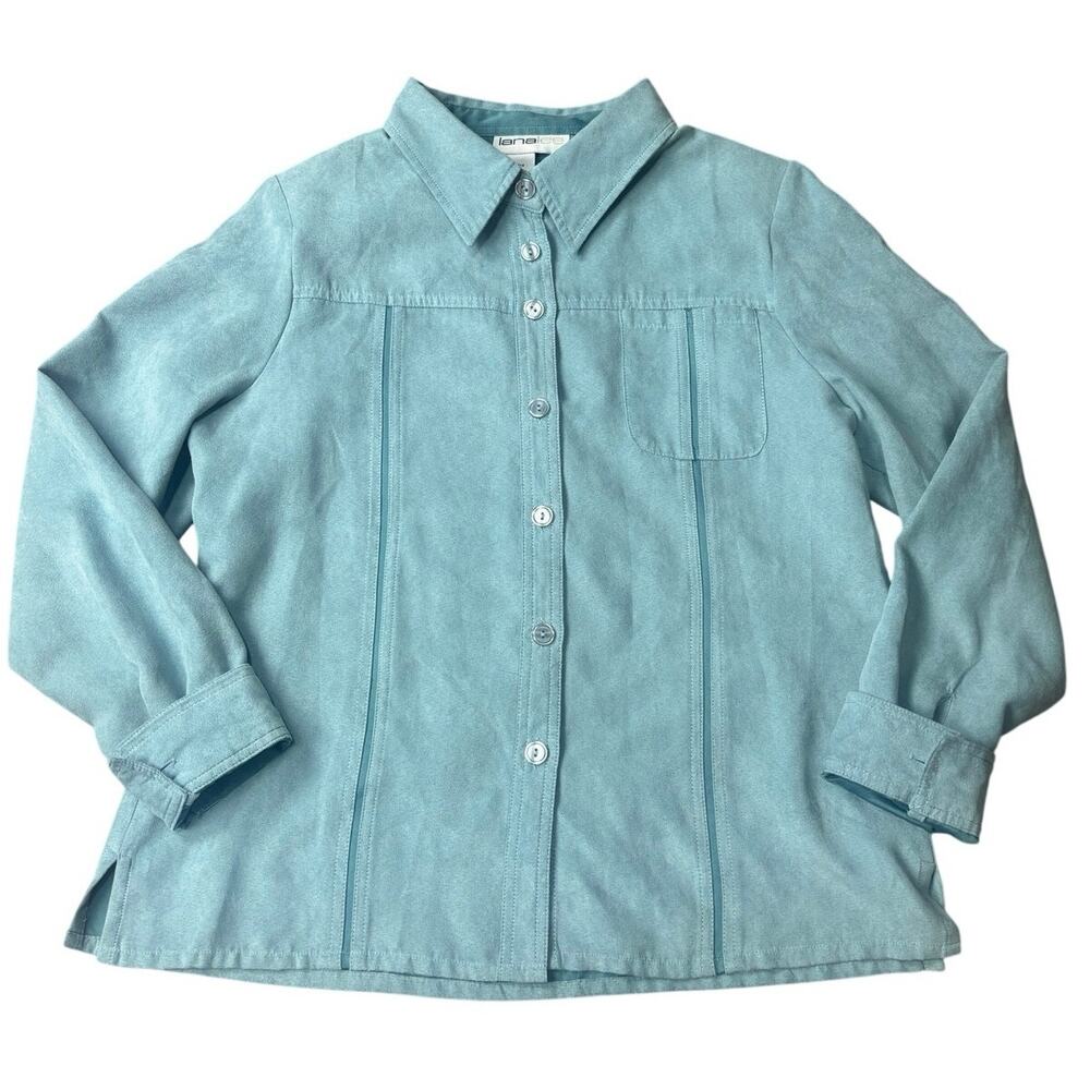 Lana Lee Faux Suede Button Down Shirt Jacket Womens 12 Teal Soft Vintage Style
